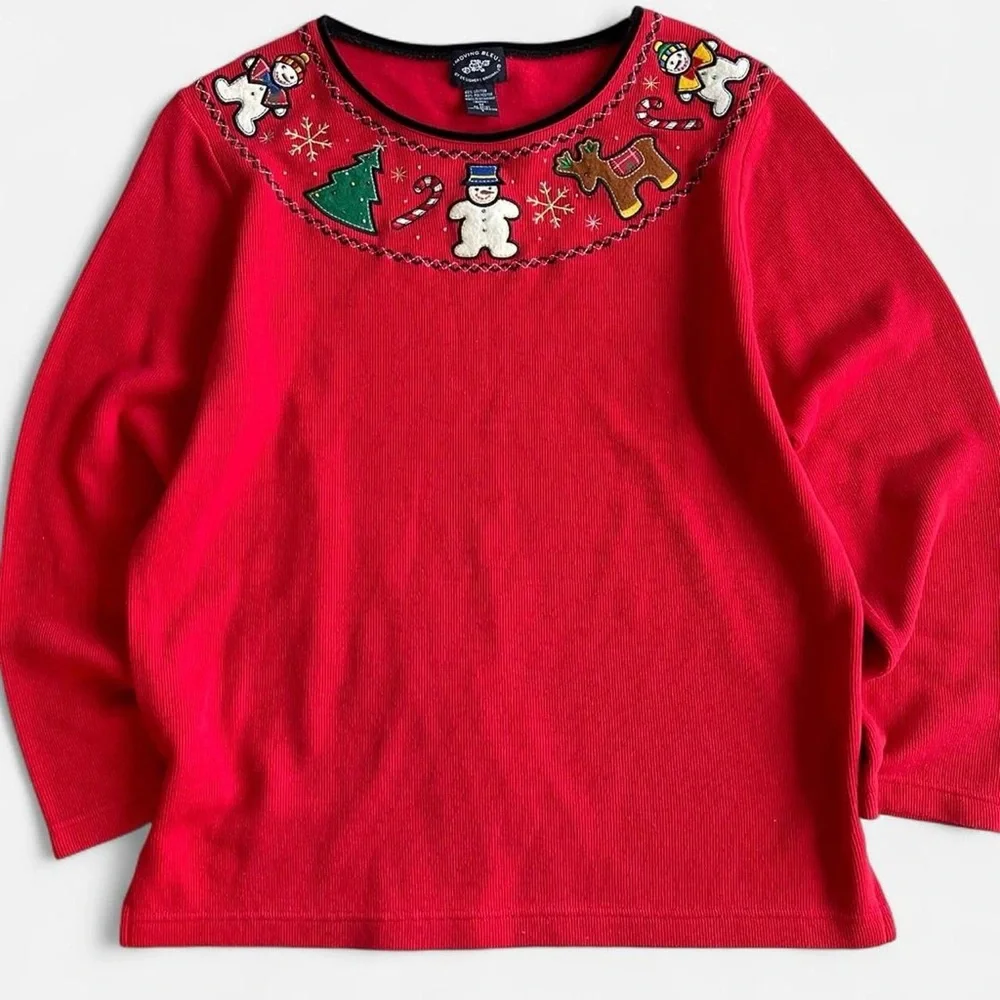 Vintage Moving Bleu Red Ribbed Long Sleeve Shirt Embroidered Christmas Designs - Picture 1 of 7